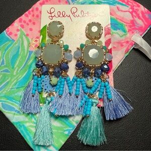 Lilly Pulitzer Waterslide Aqua and Blue Beaded Tassel Earrings 3 3/4”